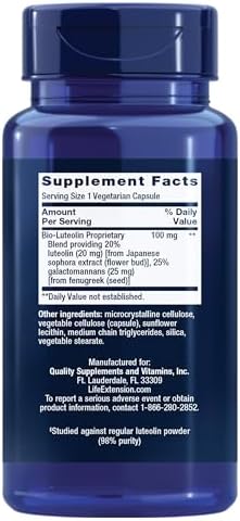 Life Extension Bio Luteolin supplement bottle showing ingredients and fenugreek fiber benefits