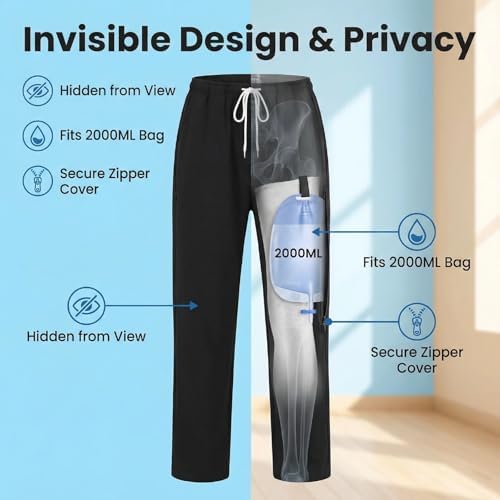 Unisex black catheter leg bag trousers showing double zippered side pockets.