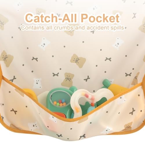 Five different colorful patterns of Accmor premium waterproof toddler bibs laid out flat.