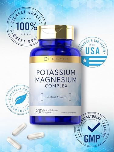 Two hundred capsule bottle of Carlyle potassium and magnesium supplement for daily wellness