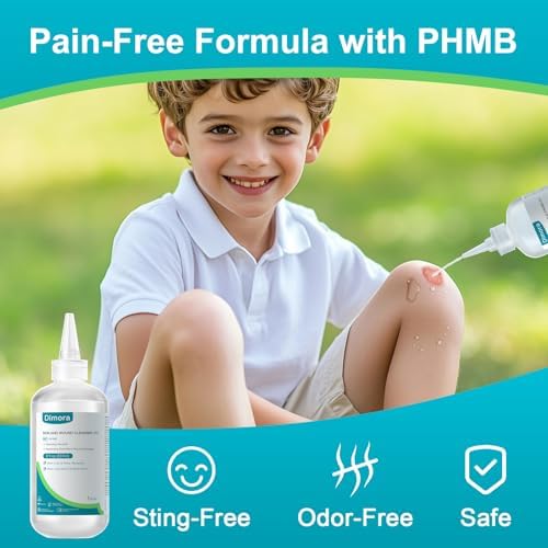 Dimora antibacterial wound dressing moistening solution bottle angle view.