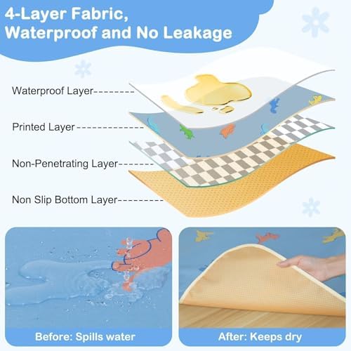 BeBeJoJo blue dinosaur infant feeding mat placed under a modern baby high chair during toddler mealtime