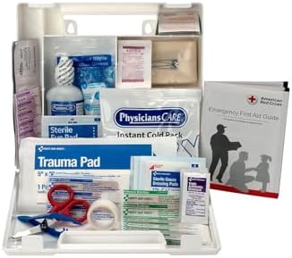 Open 106-piece OSHA compliant first aid kit showing internal dividers and supplies