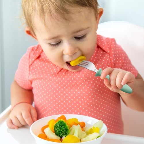Pimoys toddler utensils set in green pink and blue colors