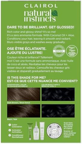 Clairol Natural Instincts ammonia free black hair color box showing key coconut oil and aloe ingredients