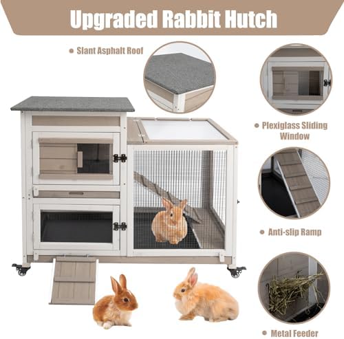 PetsCosset Rabbit Hutch Indoor 40" L Large 2 Story Outdoor Wooden Bunny Hutch with Run, 4 Metal Wheels & 2 Deeper Trays, UV-Proof Panel Rabbit Cage Guinea Pig Pet House for Small-Medium Animals - Image 7
