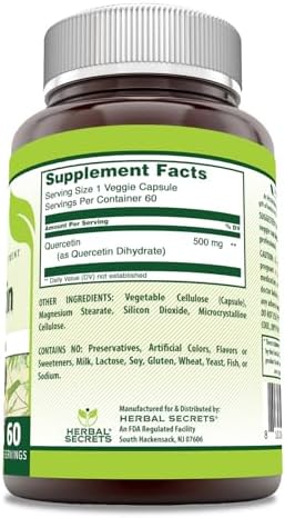 Herbal Secrets Quercetin 60 veggie capsules dietary supplement supplement facts label