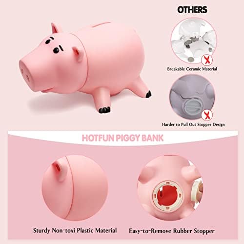 Bottom view of the plastic coin bank highlighting the updated rotating rubber stopper.
