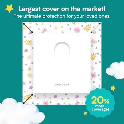 Waterproof disposable toilet seat cover with overhang demonstrating full coverage