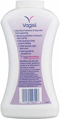 Back label of Vagisil Deodorant Powder showing ingredients and usage instructions.