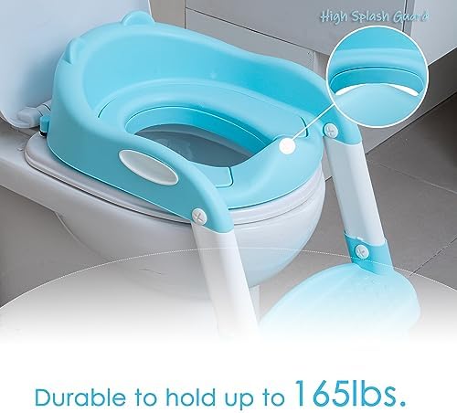 Anti-slip rubber feet mats on the base of a blue and white kids potty ladder