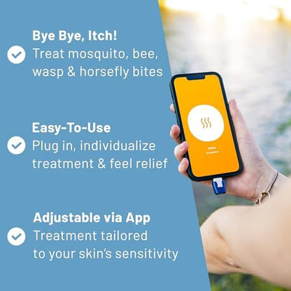 Chemical free bug bite heater being applied to a mosquito bite on skin