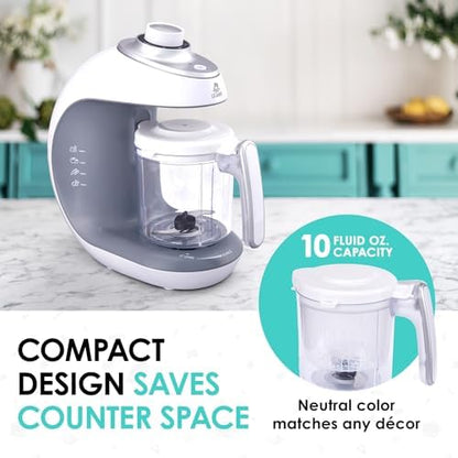 Lil Jumbl baby food maker with ten ounce blending jug attached showing the one touch pulse button