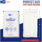 GauzeCare five by nine inches sterile wound dressing pad showing thick fluff filler