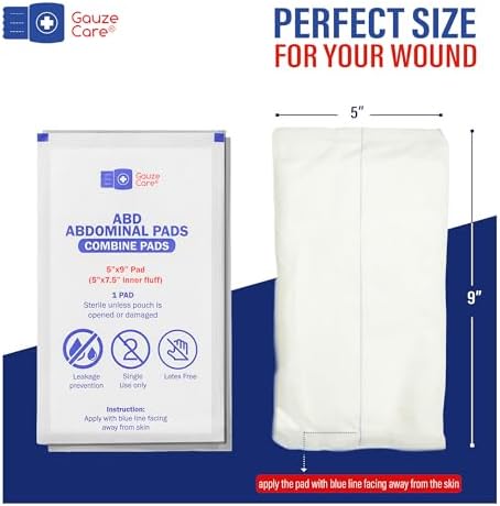 GauzeCare five by nine inches sterile wound dressing pad showing thick fluff filler