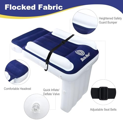 Blublu Park kids travel bed inflated and positioned as a seat extender on an airplane seat.