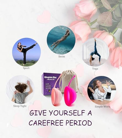 Ginalaia reusable menstrual disc packaging with included storage pouch.