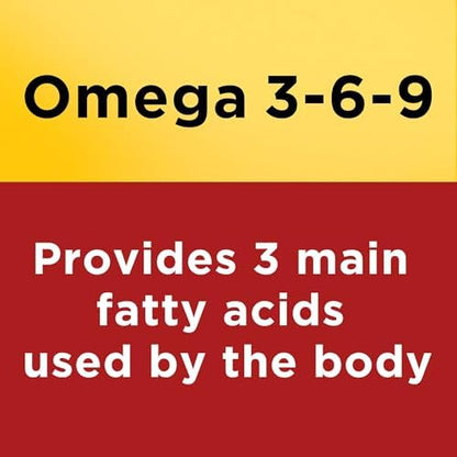 Nature Made Triple Omega dietary supplement showing clear capsule size and daily dosage guidelines
