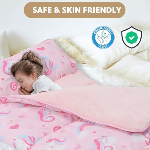 Pea Pod travel sleeping mat laid flat showcasing the vibrant pink unicorn and rainbow details.
