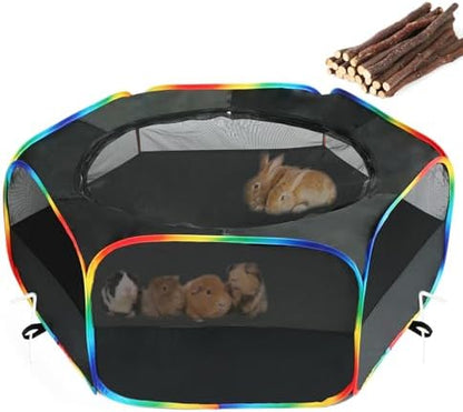 Small Animal Playpen, Chick Brooder Box, Guinea Pig Hamster Indoor Playpens & Outdoor Pet Cage Tent with Cover Top, for Kitten/Ferret/Hedgehog/Rabbit/Duckling, Black & Rainbow - Image 2