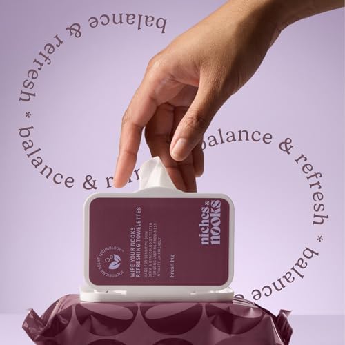Niches & Nooks pH balanced intimate towelettes for women highlighting flushable and microbiome friendly features