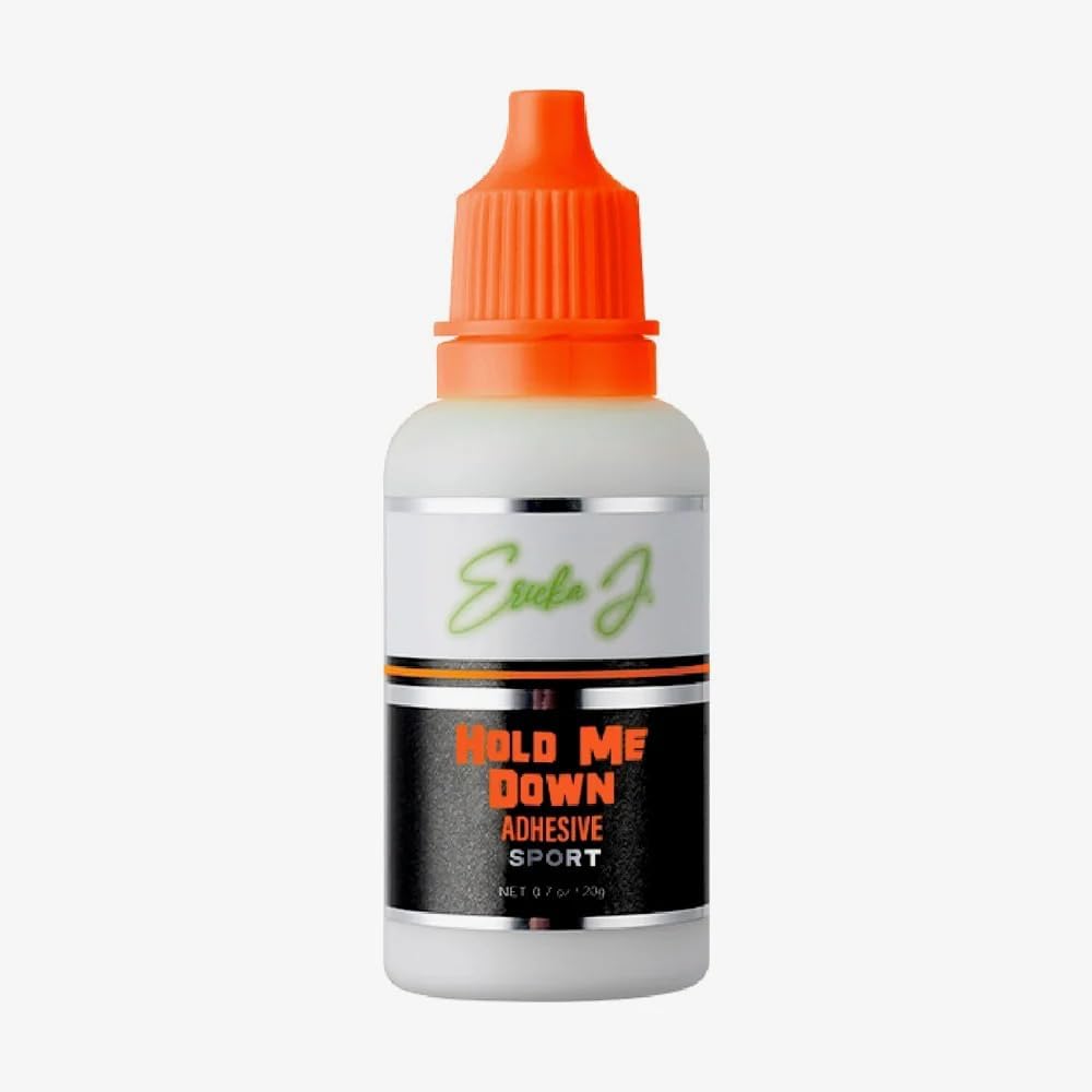 Ericka J Hold Me Down Adhesive Sport front view of authentic lace wig glue bottle.