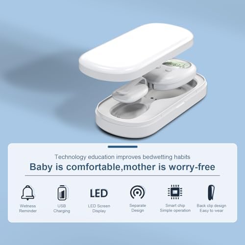 Rechargeable bed wetting alarm with LCD display showing moisture levels