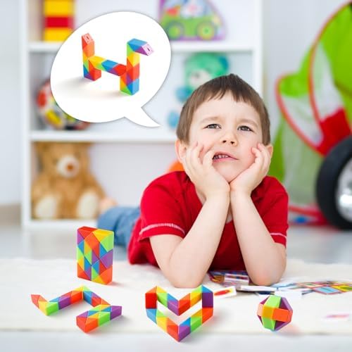 Yeetec rainbow twist cube set arranged neatly as twelve individual party favor packs for kids birthday celebrations.