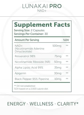 Lunakai NAD plus with resveratrol supplement label details