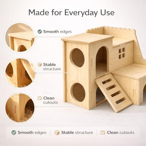 Tiny Hamster Maze Wood House Fun Slide House Double-Decker Hut for Dwarf Gerbil Mouse Mice Rat Small Animals(Only for Small Hamster) - Image 3