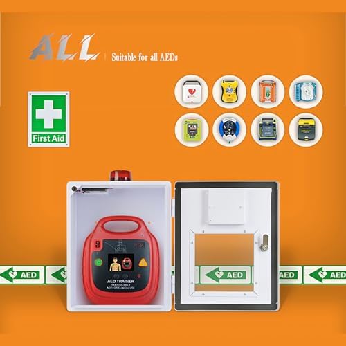 Metal AED cabinet with transparent polycarbonate window and red emergency lettering