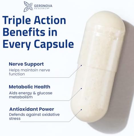 Full product packaging of Geronova Research Bio-Enhanced R-Lipoic Acid highlighting forty times higher absorption benefits