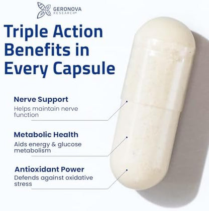 Full product packaging of Geronova Research Bio-Enhanced R-Lipoic Acid highlighting forty times higher absorption benefits
