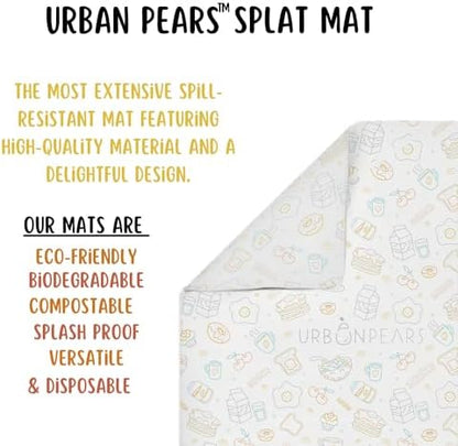 Close up of the liquid resistant breakfast theme design on the Urban Pears disposable mat.