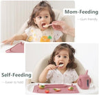 The 4-pack premium BPA-free food-grade baby spoons organized neatly on a feeding table.