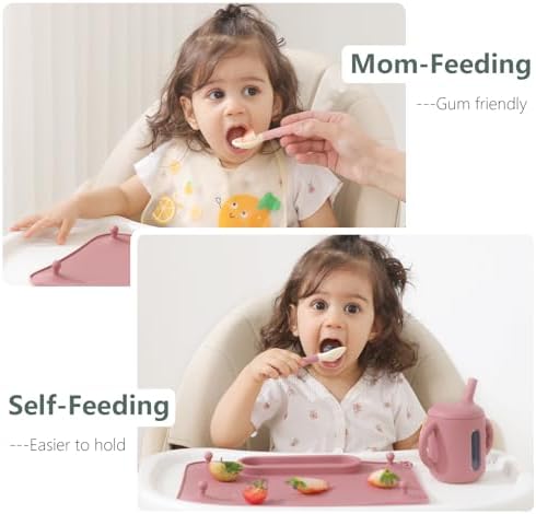 The 4-pack premium BPA-free food-grade baby spoons organized neatly on a feeding table.