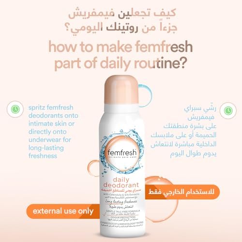 Authentic imported Femfresh freshness spray showing usage instructions and ingredient list