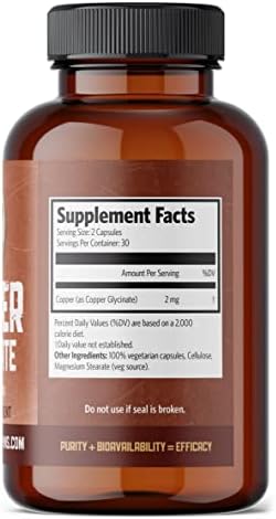 Pure Lab Vitamins Copper Glycinate 1 mg dietary supplement nutritional facts