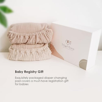 Standard size contoured diaper changing mattress fitted perfectly with the ivory colored MairMore soft muslin cloth cover.