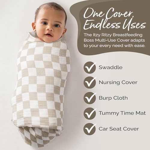 Baby lying on Itzy Ritzy checkerboard muslin fabric as a tummy time mat