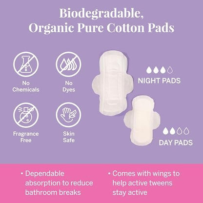Pixie Cup mini and regular pads kit with feminine wipes contents