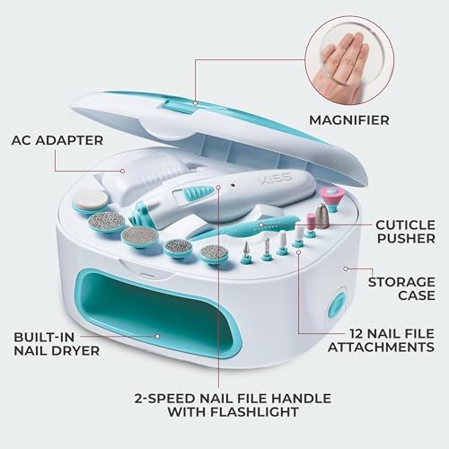 KISS electric nail file kit with 12 attachments displayed