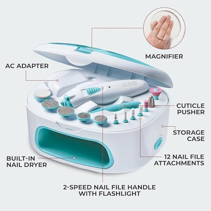 KISS electric nail file kit with 12 attachments displayed
