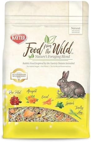 Kaytee 4 pound rabbit food packaging showcasing timothy hay marigold and rose petals ingredients