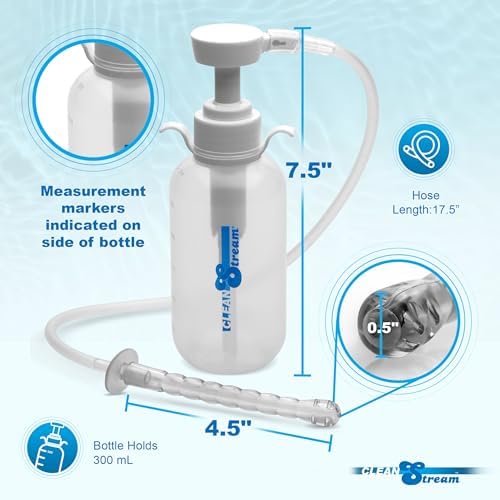 Cleanstream enema kit components including hose nozzle and pump action handle