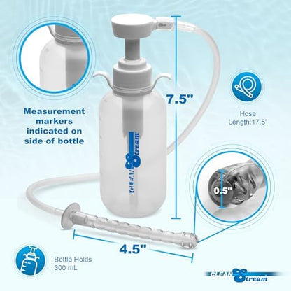 Cleanstream enema kit components including hose nozzle and pump action handle