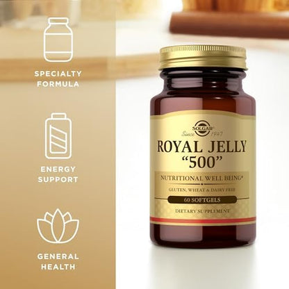Solgar Royal Jelly 500mg capsules displayed next to the official brand packaging.