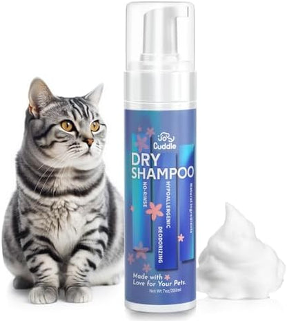 No-rinse foam cat bath dispenser showing licking-safe formula details