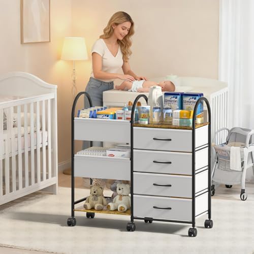Rolling nursery storage cart with drawers and wheels