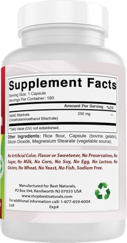 Side view of Best Naturals DMAE 250 mg 180 capsules indicating manufactured in a Good Manufacturing Practices facility